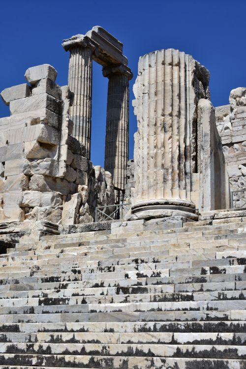 Free Ancient Greek ruins featuring marble columns and steps under a clear blue sky. Stock Photo
