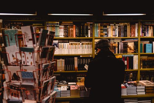 Free Individual browsing books in a cozy Saint Petersburg bookstore, offering a warm literary atmosphere. Stock Photo