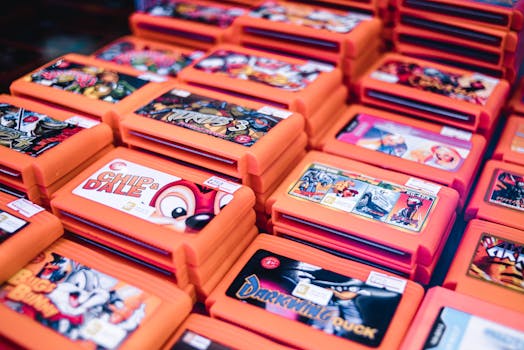 Close-up of stacked retro video game cartridges in orange cases, showcasing popular titles.