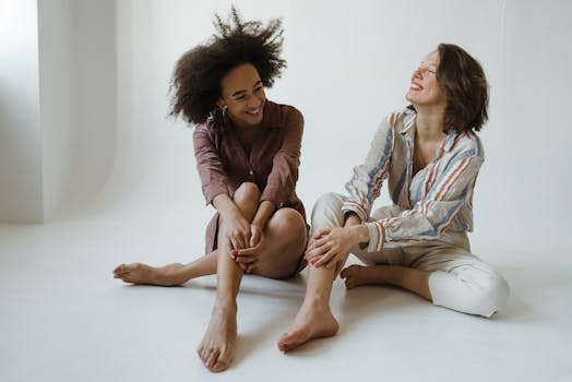 Two women sitting and laughing indoors. A joyful and candid moment captured.