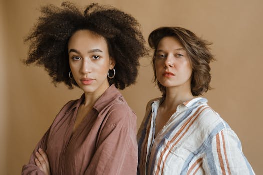 Two women expressing confidence and natural beauty, posed against a neutral background indoors.