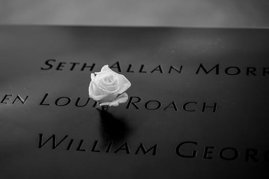 A white rose placed on the 9/11 Memorial in New York City symbolizing love and remembrance.