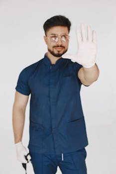 Healthcare professional wearing blue scrubs and glasses, making a stop gesture with hand in latex glove.