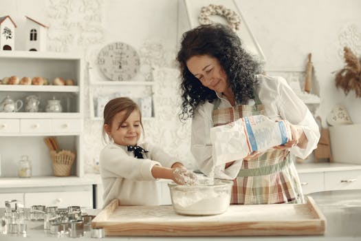 Mother and daughter baking in a cozy kitchen, creating warm memories together.