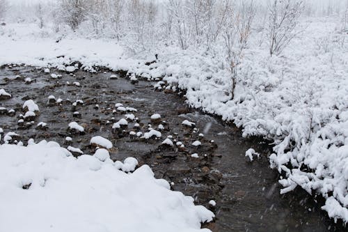 Narrow river in snowy weather