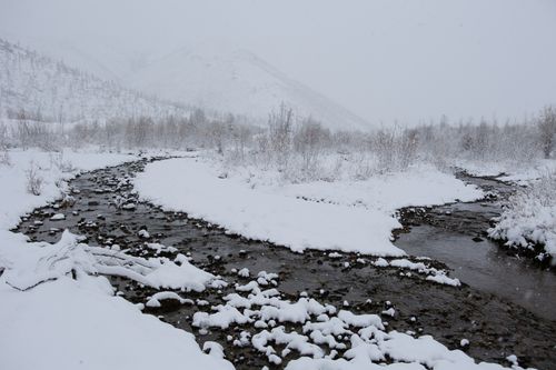 Free From above of amazing view on narrow river flowing through stone in highlands in snowy weather in winter Stock Photo