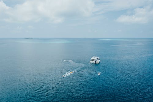 Free Aerial cruise ship and motorboats floating on blue sea Stock Photo