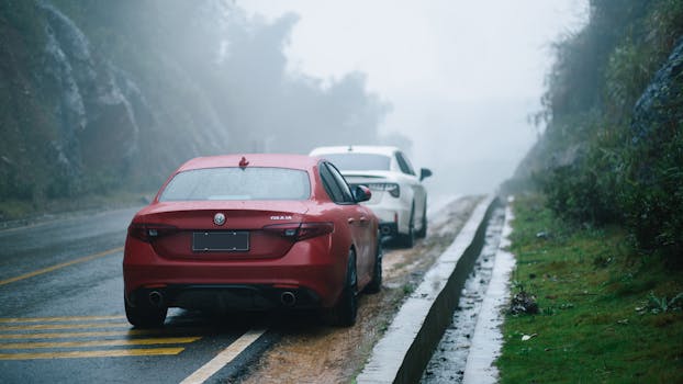 Rainy and misty day on a roadside with red and white parked cars.