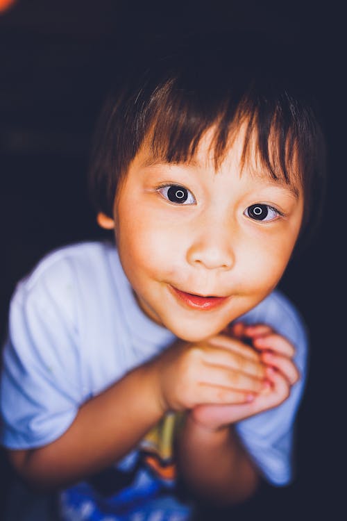 Free Cheerful Asian boy looking at camera against dark background Stock Photo