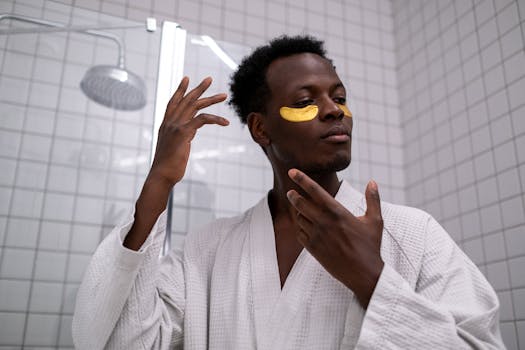 An adult man in a bathrobe applying gold under-eye patches in a bathroom setting.