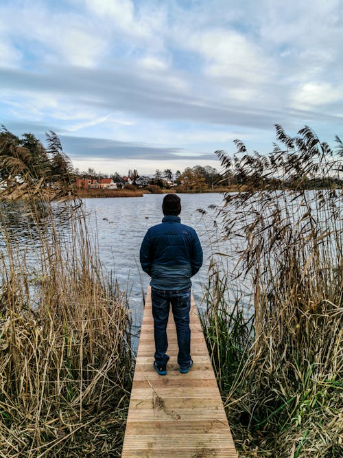 A Person Standing on a Boardwalk by a Lake