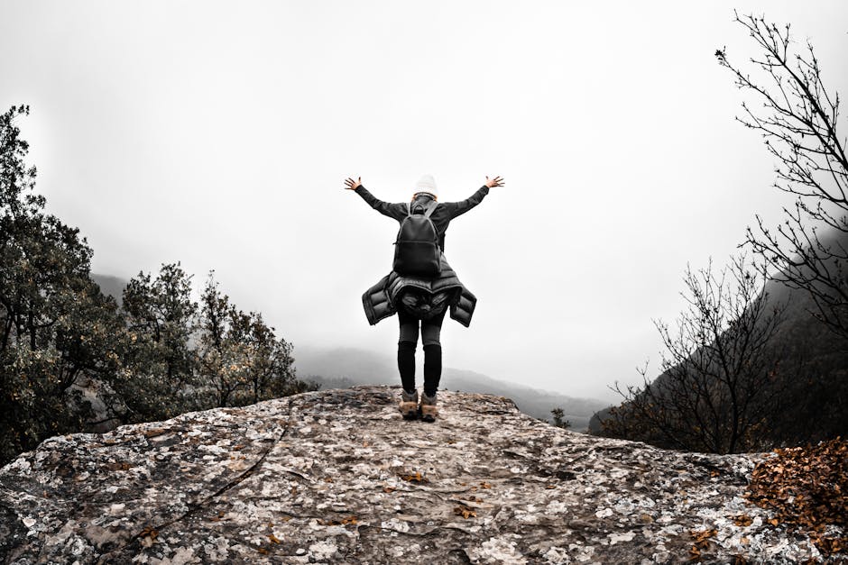 Person standing at mountain summit with arms raised in achievement - personal development strategy
