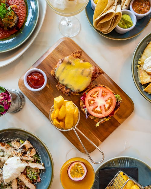 Top View of a Table with Variety of Delicious Dishes 