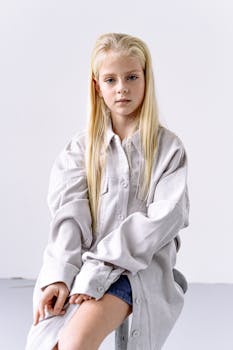 Portrait of a young girl sitting in a studio against a white background, wearing an oversized shirt.