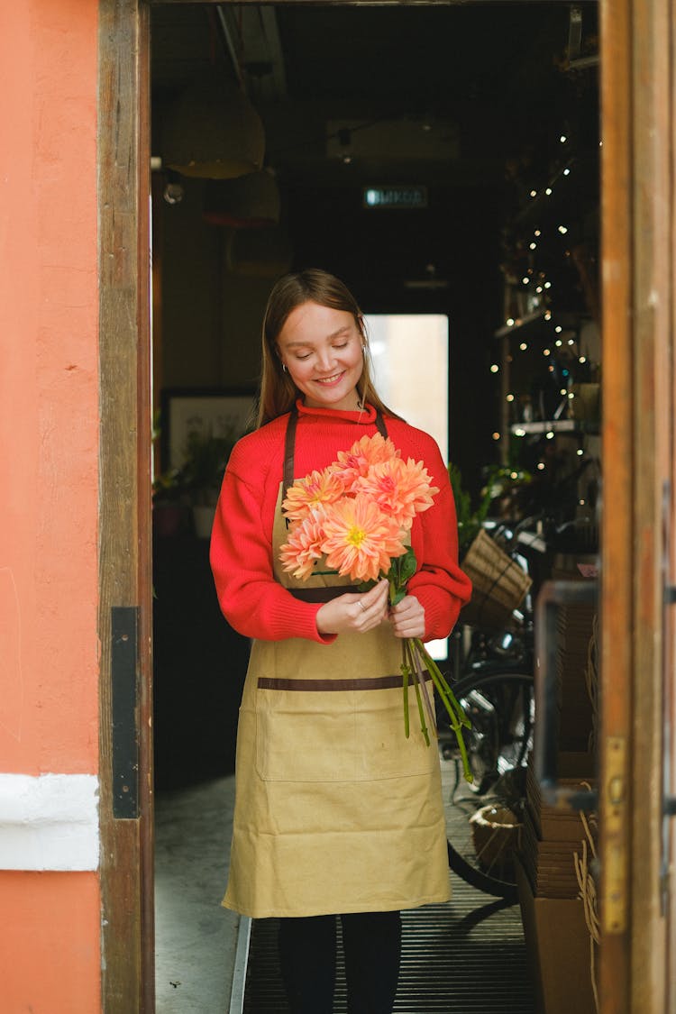 Smiling Woman Florist Holding Flowers Bouquet