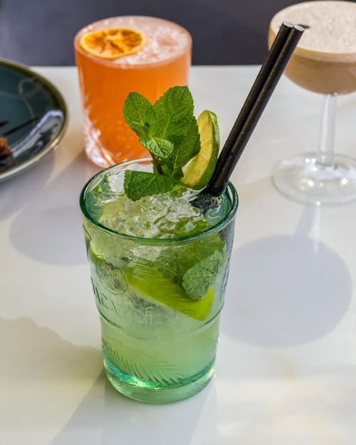 A Glass of Mojito with Mint Leaves on Top