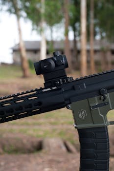 Detailed view of rifle and scope in outdoors, ideal for weaponry themes.