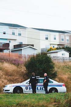 Policeman in uniform speaking with anonymous female colleague against auto and house facade in town in daytime