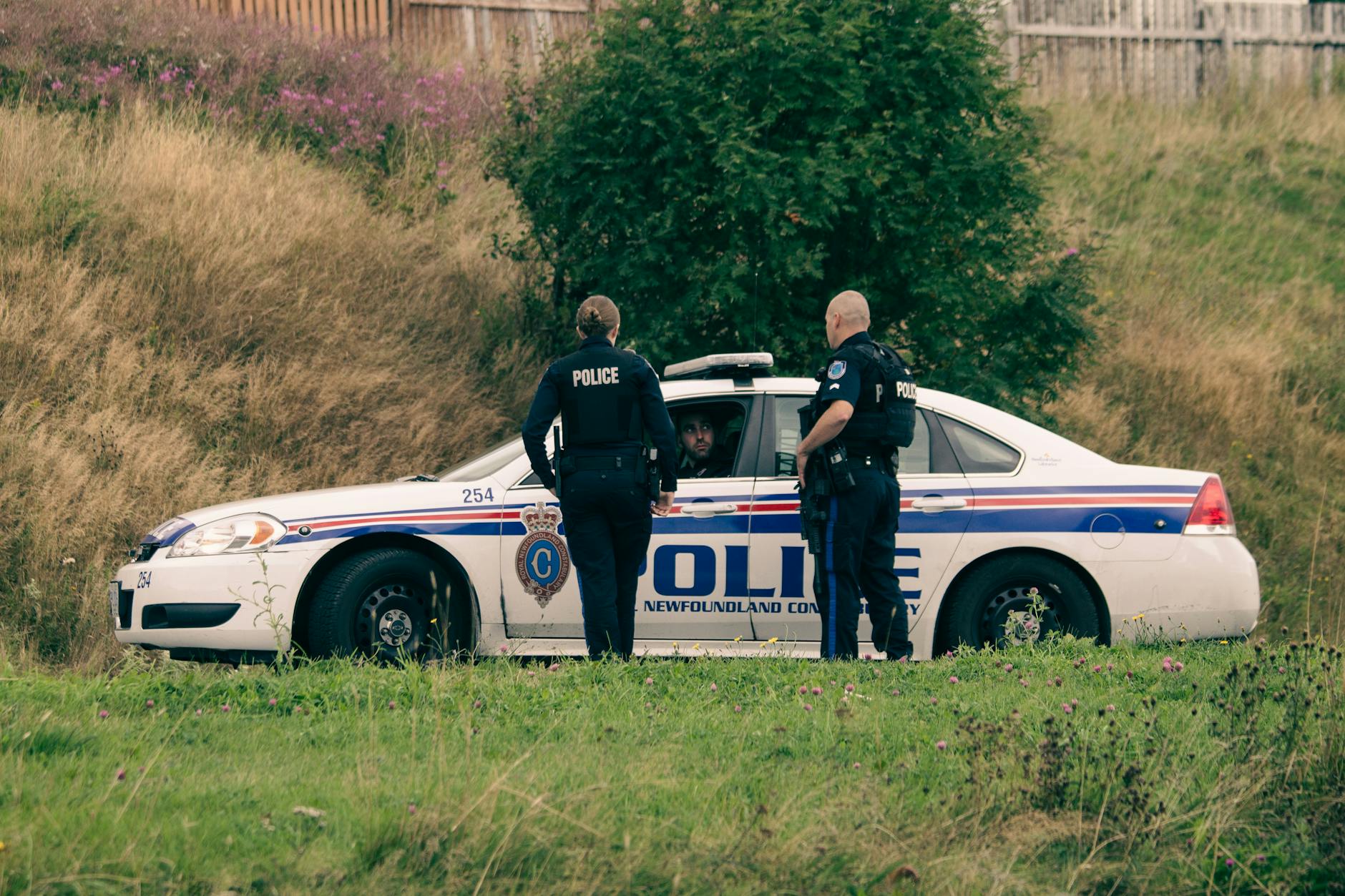 Police officers in uniform stand by a parked police car during the day in a grassy area.