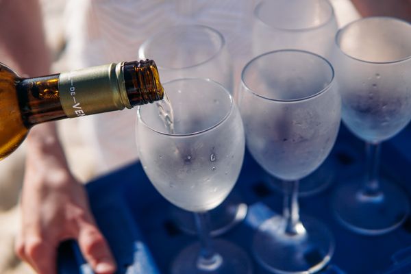 Chilled white wine being poured into a glass. Photo by Elle Hughes on Pexels.