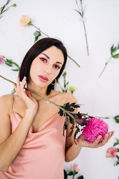 Portrait of a woman with bold makeup holding a pink chrysanthemum in a floral arrangement setting.