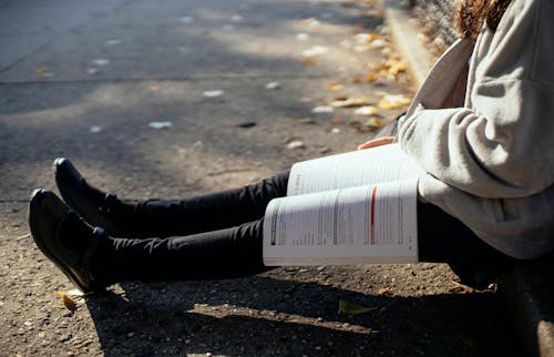 Side view crop female student in warm sweater sitting with opened textbook on knees on ground in sunny autumn park