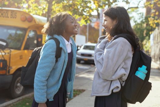几位穿着保暖夹克、背着背包的快乐女学生，在校车附近的街道上侧身站立，微笑着互相交谈