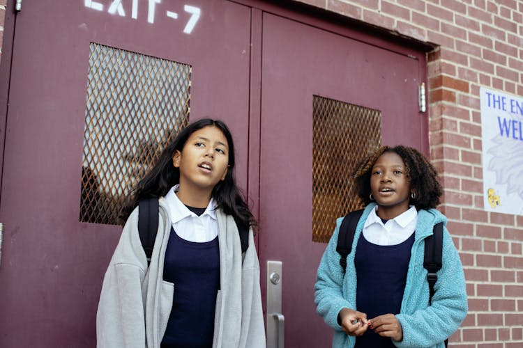 Diverse Schoolgirls Standing Near School Door