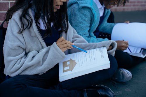 Free Young diverse pupils studying lesson together while sitting in yard Stock Photo