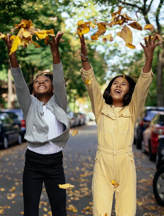 Free Cheerful glad diverse girls in casual outfit smiling and throwing leaves on street Stock Photo