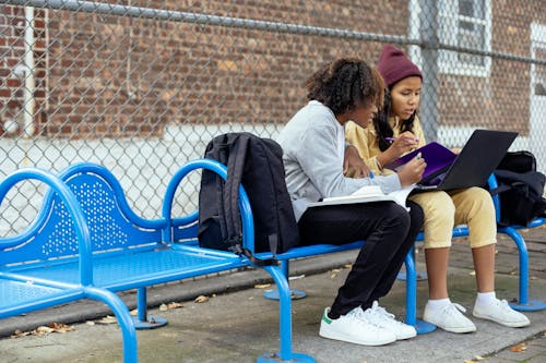 Focused multiethnic schoolchildren with laptop studying on urban bench