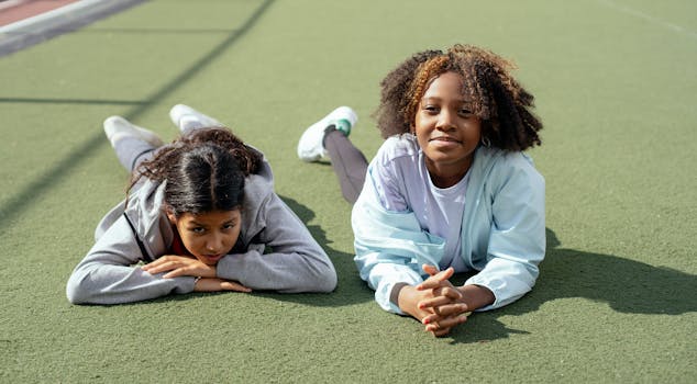 Two girls lying on a sports field enjoying a sunny day, embracing relaxation and friendship.