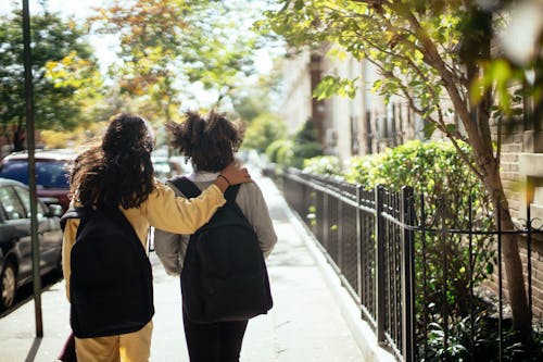 Back view of unrecognizable girls walking together along street while returning home from school