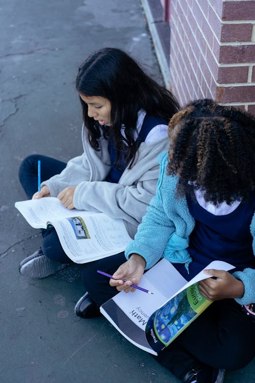 Free Schoolgirls with textbooks in school yard Stock Photo