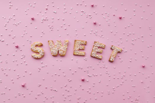 Flat lay of sweet letter cookies on a pink background with sprinkles.