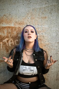 Portrait of a young woman with purple hair in edgy street fashion posing against a concrete wall.