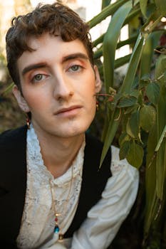 Close-up portrait of an androgynous individual in stylish clothing surrounded by greenery outdoors.