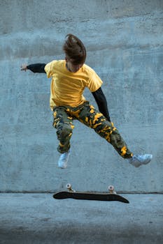 Person performing a kickflip on skateboard in urban setting, showcasing street fashion.