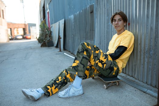 Young person in colorful fashion seated on skateboard in an urban alleyway setting.