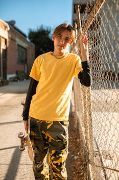 Young skateboarder in yellow shirt and camo pants poses stylishly by a metal fence on a sunny day.
