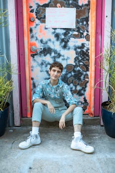 Young adult sitting in front of colorful urban door, showcasing vibrant street fashion style.