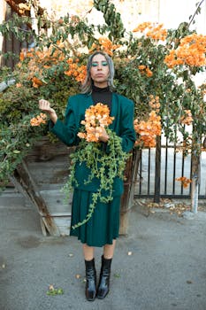 A fashionable individual in a green outfit poses with vibrant orange flowers outdoors.