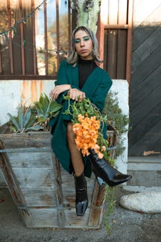 Stylish individual in green blazer holding orange flowers, showcasing street fashion against urban backdrop.