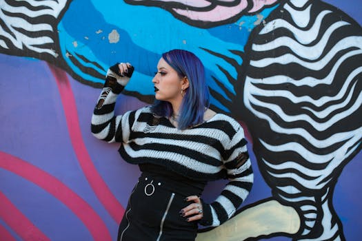 Fashionable young woman with blue hair poses stylishly against a colorful graffiti wall, embodying urban street style.