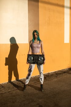 Young woman with blue hair holding DJ mixer against an orange wall in sunlight, showcasing street fashion style.