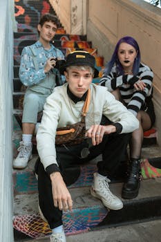 Three stylish young adults pose on graffiti-covered stairs, showcasing alternative fashion.