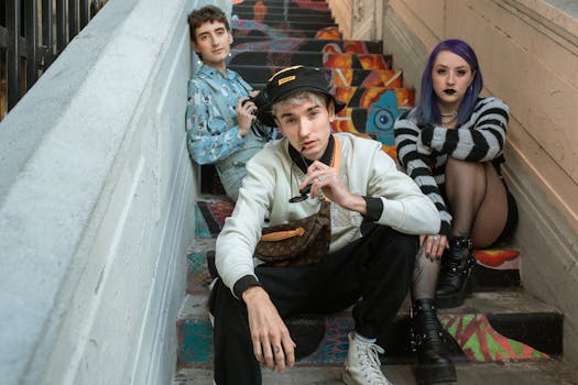 Three stylish youths sitting on colorful graffiti stairs embracing urban street fashion.