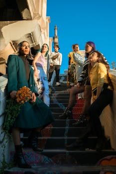 Diverse group in trendy clothing posing on artistically painted stairs.