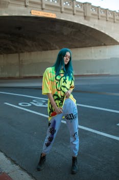 Stylish youth in vibrant streetwear posing confidently beneath a graffiti-covered bridge.
