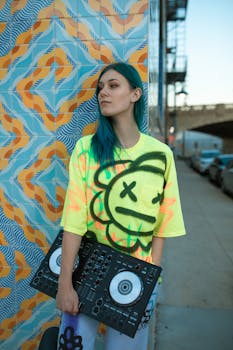 Trendy young DJ holding a mixer by vibrant graffiti wall in an urban setting.